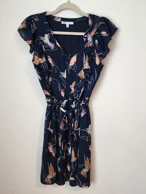 DR2 Navy Print Ruffle Sleeve Mini Dress, Small